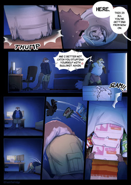 anthro bedroom bucket chair computer container dialogue duo electronics eyewear food furniture glasses male profanity speech_bubble text whiskers foxinthefridge fridgey_(foxinthefridge) canid canine fish fox mammal marine mustelid otter absurd_res comic english_text hi_res