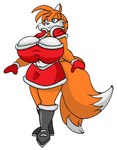 2_tails anthro big_breasts black_nose blue_eyes boots breasts canid canine christmas christmas_clothing clothing crossgender female footwear fox fur hi_res holidays large-rarge mammal miles_prower mtf_crossgender multi_tail orange_body orange_fur sega slightly_chubby smile solo sonic_the_hedgehog_(series) tail
