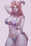 animal_print big_breasts bikini breasts clothing cow_print female hair hand_behind_head horn pupils side-tie_bikini simple_background smile solo string_bikini swimwear two-piece_swimsuit miloff horned_humanoid humanoid 2024 hi_res