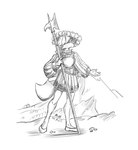 anthro clothing female halberd hat headgear headwear katzbalger_(sword) landsknecht looking_away melee_weapon mountain polearm simple_eyes solo standing sword weapon matt_the_rain canid canine mammal absurd_res hi_res monochrome sketch