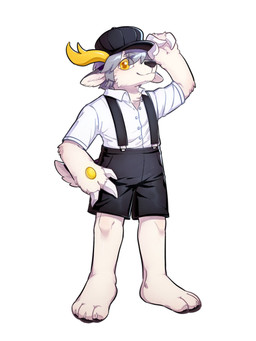 anthro antlers black_bottomwear black_clothing black_hat black_headwear black_nose black_shorts bottomwear closed_smile clothed clothing front_view fur glistening glistening_eyes glistening_hair grey_hair hair hat headgear headwear horn looking_at_viewer male mouth_closed shorts simple_background smile solo standing topwear unsigned white_background white_body white_clothing white_fur white_topwear yellow_antlers yellow_eyes asnnonaka species_request 3:4 full-length_portrait hi_res portrait