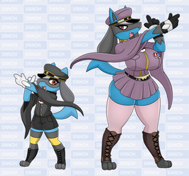 4_fingers anthro blue_body bottomwear clothing duo female fingers footwear gloves handwear legwear medal pokeball pokemorph red_eyes shorts skirt standard_pokeball stockings tail uniform urusee584 nintendo pokemon generation_4_pokemon lucario pokemon_(species) riolu hi_res