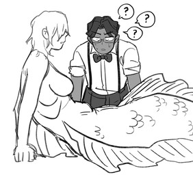 bodily_fluids breasts clothed clothing duo eyewear female fin gills hair male nude question_mark scales simple_background speech_bubble split_form sweat starfleetrambo siren_and_scientist edward_(starfleetrambo) oskar_(starfleetrambo) aquatic human mammal merfolk oarfish_merfolk siren digital_media_(artwork) monochrome sketch trans_(lore) trans_man_(lore)