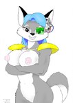 anthro big_breasts black_nose blue_hair breasts countershading female fur grey_body grey_fur hair looking_at_viewer mostly_nude navel nipples simple_background solo white_background furgeta dragon_ball canid canine fox mammal 2000