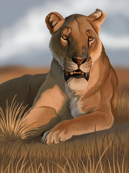 feral fur grass lying on_front partially_open_mouth plant solo tan_body tan_fur whisker_spots whiskers yellow_eyes agustindiazart felid homotherium homotherium_latidens mammal prehistoric_species saber-toothed_tiger 2026 hi_res