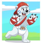 4_fingers anthro border clean_diaper clothed clothing diaper fangs fingers fur hat headgear headwear male open_mouth print_diaper red_clothing red_hat red_headwear solo teeth text wearing_diaper white_border young young_anthro baltnwolf bandai_namco digimon bear bearmon digimon_(species) mammal polar_bear ursine digital_media_(artwork) english_text hi_res