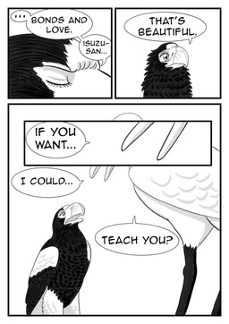 black_body black_feathers dialogue duo feathers female feral simple_background speech_bubble text white_body white_feathers comixqueen akiko_(comixqueen) isuzu_(comixqueen) accipitrid accipitriform avian bird crane_(bird) eagle gruiform grus_(genus) red-crowned_crane sea_eagle steller's_sea_eagle 2025 black_and_white comic english_text hi_res monochrome female_(lore)