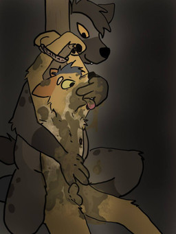 animal_genitalia animal_penis arm_tuft bdsm bondage bound brown_body brown_fur canine_genitalia canine_penis duo feces feces_on_body feces_on_hand feces_on_penis fur genitals hand_in_mouth hand_on_belly hands_tied hands_up kneeling male male/male multicolored_body multicolored_fur open_mouth orange_body orange_fur penis sitting tail three-quarter_view tied_to_pole tongue tongue_out tuft two_tone_body two_tone_fur wooden_pole boundtobemessy canid canine canis hyena jackal mammal 2022 3:4 hi_res