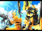 anthro armor black_bars black_hair blue_eyes breasts cloud ear_tuft feathered_wings feathers female fur hair highlights_(coloring) inner_ear_fluff looking_at_viewer markings outside prosthetic sky solo tuft water weapon wings yellow_body yellow_fur fenrixion canid canine fox mammal letterbox