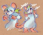 anthro blonde_hair buckteeth female front_view fur grey_body grey_fur hair pigtails solo standing teeth yapping panken mammal murid murine rat rodent 2025