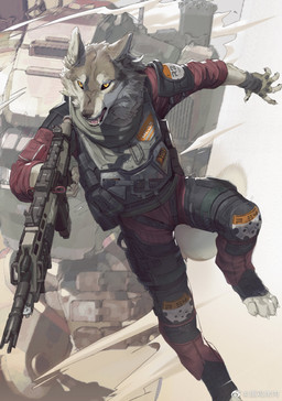 aiming aiming_weapon anthro armor black_nose bottomwear cheek_tuft clothed clothing coveralls digitigrade digitigrade_footwear facial_tuft fangs fingerless_gloves fluffy fluffy_tail footwear fur furgonomic_footwear furgonomics gloves grey_body grey_fur gun handwear holding_gun holding_object holding_ranged_weapon holding_rifle holding_weapon in_the_air iron_sights knee_pads knife legwear machine male mecha number_on_clothing open_mouth pouch_(clothing) ranged_weapon red_clothing rifle scarf science_fiction shoulder_pads solo tactical_gear tactical_gloves tail teeth text toeless_footwear tongue topwear tuft weapon white_body white_fur yellow_eyes yoshi.kaoru electronic_arts respawn_entertainment titanfall canid canine canis mammal wolf colored english_text hi_res