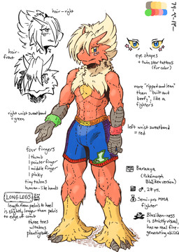 3_toes 4_fingers anthro blue_eyes boxing_shorts clothing feet fingers fur male muscular red_body red_fur solo text toes wristband yellow_sclera zenmigawa nintendo pokemon baraaya avian bird blaziken chicken galliform generation_3_pokemon phasianid pokemon_(species) english_text hi_res model_sheet