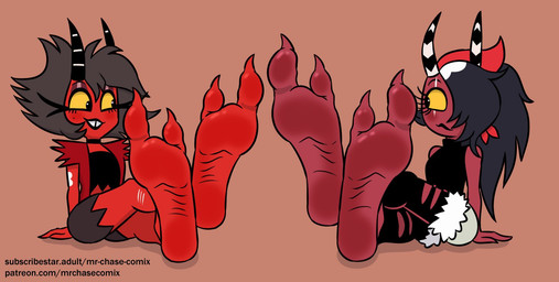 2_toes barefoot black_hair duo feet female foot_focus hair hair_over_eye horn not_furry red_body soles solo toes wrinkled_feet wrinkles yellow_sclera mrchasecomix hellaverse helluva_boss millie_(helluva_boss) sallie_may_(helluva_boss) demon demon_humanoid humanoid imp hi_res sibling_(lore) sister_(lore) sisters_(lore) trans_(lore) trans_woman_(lore)