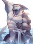 abs anchor animal_genitalia anthro biceps dorsal_fin featureless_crotch fin fish flexing genital_slit genitals gills hand_behind_head head_fin looking_at_viewer male marine muscular muscular_anthro muscular_male navel partially_submerged pecs rabbity shark shark_tail smile solo standing teeth yellow_eyes