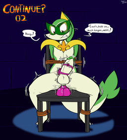 ambiguous_fluids anthro anus arms_tied big_penis bodily_fluids bound brick_wall clenched_teeth continue_screen dialogue dildo dildo_sitting domino_mask drooling egg_vibrator erection eyemask eyewear forced gameplay_mechanics genitals glans green_anus green_body green_glans green_mask green_penis green_scales hands_behind_back legs_tied looking_down male mask motion_lines penetration penile penis pupils red_eyes saliva scales sex_toy shaking solo speech_bubble submissive submissive_anthro submissive_male teeth text tied_to_chair trembling vibrator vibrator_on_penis wall_(structure) felino nintendo pokemon fan_character prince_(farflord) generation_5_pokemon pokemon_(species) scalie servine 2025 absurd_res english_text hi_res