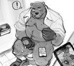 anthro balls belly blush bodily_fluids cellphone clothed clothing cum electronics erection exclamation_point genital_fluids genitals humanoid_hands kemono male moobs navel nipples open_clothing open_shirt open_topwear overweight overweight_male penis phone shirt sitting smartphone solo surprised toilet topwear ujishiyo bear mammal 2024 hi_res monochrome