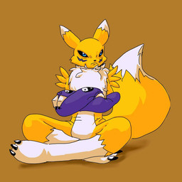 ambiguous_gender anthro armwear black_sclera blue_eyes clothing countershading crossed_arms dipstick_tail facial_markings frown fur grumpy head_markings lotus_pose markings neck_tuft purple_armwear purple_clothing sitting solo tail tail_markings tuft white_body white_countershading yellow_body yellow_fur gurudj bandai_namco digimon canid digimon_(species) mammal renamon 1:1