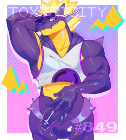 anthro balls big_balls big_penis bottomless bottomless_male clothed clothing front_view genitals grin hat headgear headwear humanoid_genitalia humanoid_penis looking_at_viewer male muscular muscular_anthro muscular_male penis purple_balls purple_body purple_penis purple_scales scales shirt smile solo spikes standing tank_top topwear visor_cap fungirussy nintendo pokemon amped_toxtricity generation_8_pokemon pokemon_(species) scalie toxtricity absurd_res hi_res