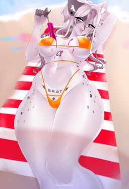 anthro bangs beach beach_blanket big_breasts bikini bikini_bottom bikini_top breasts camel_toe clothing day ear_piercing eyelashes female food fur grey_hair grey_markings hair heart_(marking) holding_food holding_object holding_popsicle inner_ear_fluff long_eyelashes long_hair lying markings melting_ice_cream navel on_back open_mouth orange_bikini orange_clothing orange_swimwear piercing pink_eyes popsicle solo swimwear tattoo thick_thighs tuft two-piece_swimsuit white_body white_fur akulaenaya domestic_cat felid feline felis mammal 2024 colored digital_drawing_(artwork) digital_media_(artwork) hi_res shaded