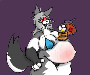 anthro big_breasts bikini bikini_top bodily_fluids bottomless breasts clothed clothing eyewear female food glasses huge_breasts lactating maple_syrup nerd overweight overweight_female pancake pregnant pubes solo stretch_marks swimwear two-piece_swimsuit bigtrog84 hellaverse helluva_boss mythology loona_(helluva_boss) canid canid_demon canine demon hellhound mammal mythological_canine mythological_creature low_res