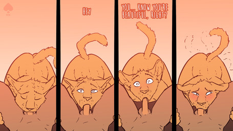 anthro blush duo fellatio hands_on_legs looking_at_viewer male male/male oral orange_body penile sex speech_bubble tail tail_motion tailwag fek felid feline mammal hi_res