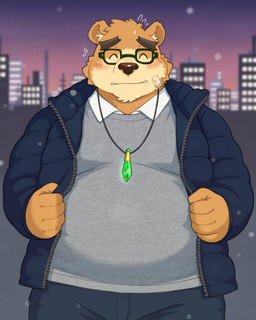 anthro belly blush building eyes_closed eyewear glasses humanoid_hands kemono male overweight overweight_male solo standing yaki_atsuage lifewonders tokyo_afterschool_summoners volos_(tas) bear mammal 2025 4:5 absurd_res hi_res