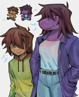 anthro belt brown_hair clothing duo female green_clothing green_shirt green_topwear hair male purple_body shirt simple_background topwear white_background white_clothing white_shirt white_topwear goomyloid deltarune undertale_(series) kris_dreemurr susie_(deltarune) human mammal scalie 2024 hi_res nonbinary_(lore)