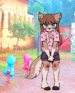 anthro barefoot blood blush bodily_fluids bottomwear clothed clothing eyewear feet female fully_clothed glasses hair hoodie long_hair looking_at_viewer outside photo_background playground shorts solo standing topwear young angxlmeat deserie deer domestic_cat felid feline felis hybrid mammal mixed_media photography_(artwork)