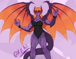 abs breasts cleavage clothed clothing dragon_wings female fin gijinkafied hair legwear leotard muscular muscular_female muscular_legs pantyhose purple_body purple_scales purple_skin red_eyes red_hair scales smile solo spikes spread_wings tail wings xvi_art mardek_rpg mythology dragonette_(xvi_art) the_dragon_(mardek_rpg) dragon human humanoid mammal mythological_creature mythological_scalie scalie hi_res signature