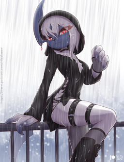 anthro anthrofied barely_visible_breasts blue_body blue_skin boots breasts clothing female fingerless_gloves fishnet_clothing fishnet_gloves fishnet_handwear fishnet_legwear footwear fur furgonomic_piercing furgonomics gloves hair handwear horn horn_piercing legwear looking_at_viewer piercing raining red_eyes shoes solo wet white_body white_fur white_hair rilex_lenov nintendo pokemon abi_(rilex_lenov) absol generation_3_pokemon pokemon_(species)