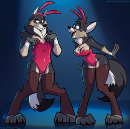 anthro black_body black_fur breasts brown_body brown_eyes brown_fur bunny_costume clothing costume dipstick_tail eyebrows eyelashes female fur male male/female markings neck_tuft open_mouth tail tail_markings tuft psicoyote mythology astorius canid canine canis mammal mythological_canine mythological_creature werecanid werecanine werecreature werewolf wolf absurd_res hi_res