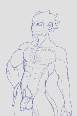 anthro balls body_hair chest_hair fangs genitals hand_on_hip humanoid_genitalia humanoid_penis looking_aside male muscular muscular_anthro muscular_male penis pubes solo teeth fourssss bear haplorhine mammal monkey primate
