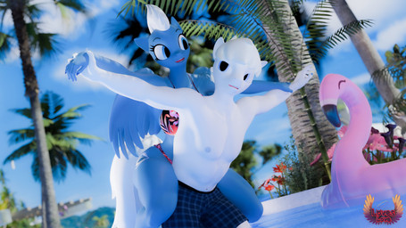 anthro bikini carrying_another carrying_partner clothing duo eye_contact female inflatable_flamingo looking_at_another male male/female outside palm_tree plant playing pool_float pool_toy romantic sky swimming_pool swimming_trunks swimwear tree two-piece_swimsuit water wings loveslove friendship_is_magic hasbro my_little_pony mythology double_diamond_(mlp) night_glider_(mlp) equid equine horse mammal mythological_creature mythological_equine pegasus pony 16:9 3d_(artwork) 4k absurd_res digital_media_(artwork) hi_res source_filmmaker_(artwork) widescreen