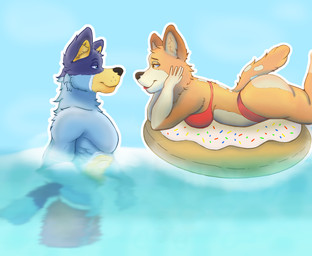 anthro bikini blue_body blue_fur canon_couple clothing duo eye_contact female fur husband_and_wife in_pool lipstick looking_at_another makeup male male/female married_couple orange_body orange_fur pool_float pool_toy romantic shirtless_male swimming_trunks swimwear tail two-piece_swimsuit water huskyyzx bluey_(series) bandit_heeler chilli_heeler australian_cattle_dog canid canine canis cattledog domestic_dog herding_dog mammal pastoral_dog hi_res