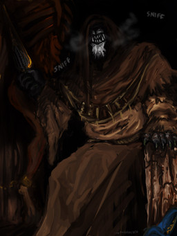 anthro black_background breath clothing dagger fangs fur grey_body grey_fur holding_dagger holding_melee_weapon holding_object holding_weapon male melee_weapon robe simple_background sniffing solo teeth weapon baothghalach elden_ring fromsoftware gurranq_(elden_ring) canid canine canis mammal wolf 2022 3:4 hi_res