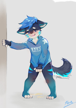 anthro blue_body blue_clothing blue_fur blue_hair blue_hoodie blue_topwear blush bodily_fluids bottomless claws clothed clothing covering covering_crotch covering_self embarrased_horny embarrassed feet fur fur_markings genital_fluids hair hoodie leaning looking_at_viewer looking_pleasured male male_anthro markings simple_background smile solo tail toe_claws toes topwear urine urine_drip urine_stain wetting young young_male fur_alasky canid canine canis mammal wolf absurd_res digital_media_(artwork) hi_res