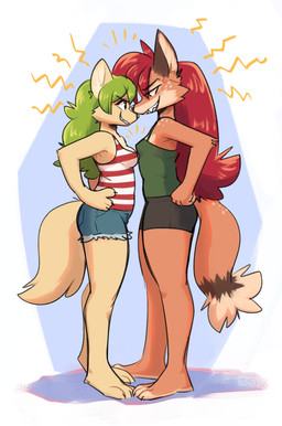 anthro arm_tuft barefoot biped black_nose bottomwear breast_size_difference breasts brown_body brown_fur cheek_tuft claws clothed clothing cross-popping_vein denim denim_bottomwear denim_clothing denim_shorts dipstick_tail duo elbow_tuft facial_tuft feet female finger_claws freckled_face freckled_shoulders freckled_tail freckles fur green_hair hair hands_on_hips long_hair markings pattern_clothing pattern_shirt pattern_tank_top pattern_topwear shirt shorts side_view size_difference smile smirk standing staredown striped_clothing striped_shirt striped_tank_top striped_topwear stripes tail tail_markings tan_body tan_fur tank_top tiptoes toe_claws topwear tuft yellow_body yellow_fur fuel_(artist) chili_(fuel) pepper_(fuel) canid canine fox mammal 2025 hi_res
