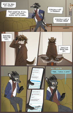 anthro apartment biped black_nose brown_body brown_eyes brown_fur cellphone chat_message cheek_tuft clothed clothed_anthro clothing electronics facial_tuft fluffy fluffy_tail fur furniture grey_body grey_fur hallway hat head_tuft headgear headwear holding_cellphone holding_object holding_phone holding_smartphone home inner_monologue inside looking_at_cellphone looking_at_object looking_at_phone male on_sofa phone sitting sitting_on_sofa smartphone sofa solo table tail tail_motion tailwag tan_body tan_fur text text_box texting thinking tuft tusks walking yellow_sclera falco_works indy_(justroadkill) pen_(falco_works) canid canine canis cervine coyote deer mammal tufted_deer 2023 comic digital_media_(artwork) english_text hi_res multiple_scenes