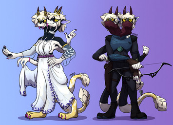 2_heads 2_tails 3_breasts 4_arms 4_fingers 6_fingers anthro armor arrow_(weapon) black_markings blonde_hair bow_(weapon) bracelet breasts choker cleavage clothed clothing dark_sclera determined dress eyewear facial_markings fangs female fingers furgonomics gesture goggles hair head_markings holding_object holding_weapon horn horn_jewelry jewelry long_tail looking_at_viewer markings mask_(marking) multi_arm multi_breast multi_head multi_limb multi_tail multiple_outfits necklace pointy_ears pose quiver_(object) ranged_weapon scarf side_boob simple_background smile solo tail tail_tuft teeth tuft veil weapon white_body yellow_eyes conditional_dnp greenlinzerd sharanis alien kuvelli scalie 2025 multiple_images signature