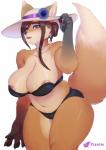2018 anthro areola big_breasts bikini blush breasts camel_toe canid canine clothed clothing female fox hat headgear headwear hi_res huge_breasts looking_at_viewer mammal mature_anthro mature_female nipple_slip nipples piyotm simple_background solo sun_hat swimwear thick_thighs wardrobe_malfunction white_background