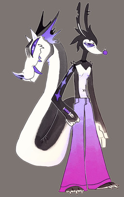 2_horns ambiguous_anthro ambiguous_gender anthro arm_markings bat_nose belly bite_mark bite_mark_on_ear black_arms black_back black_body black_ears black_feet black_fur black_neck black_outline black_paws black_scar bottomwear circle_eyebrows claws clothed clothing ear_piercing eye_bags eyebrows facial_piercing fangs feet fingers flared_pants four_pointed_star fur grey_background hair hand_tattoo head_tuft hindpaw horn knife living_tail long_ears long_tail looking_at_viewer markings messy_linework navel neck_scar nipples nose_piercing outline pants pants_only paws piercing purple_bottomwear purple_clothing purple_eyes purple_inner_ear purple_nipples purple_nose purple_pants purple_teeth round_nose scar shoulder_piercing shoulder_scar simple_background smile smiling_at_viewer snake_tail solo spiky_hair squinted_eyes star_(marking) tail tattoo teeth toe_claws topless topless_ambiguous topless_anthro tuft unusual_anatomy unusual_tail white_belly white_chest white_face white_fingers white_horn white_inner_ear white_palms plentyofsoup vivian_(plentyofsoup) alien mammal reptile scalie snake digital_drawing_(artwork) digital_media_(artwork) full-length_portrait hi_res portrait trans_(lore) trans_woman_(lore)