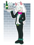 alcohol anthro belt beverage black_tie_(suit) blush blush_stickers bow_(feature) bow_in_front bow_tie clothing container cup eyewear fur glasses green_eyes hand_behind_back holding_object horn looking_at_viewer male one_eye_closed open_mouth simple_background smile solo standing suit tray white_body white_fur wink bran-draws-things deltarune undertale undertale_(series) ralsei bovid caprine darkner goat mammal 3:4 hi_res