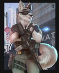 anthro ar-15 armored_vehicle bulletproof_vest eyewear holster holstered_pistol male operator police police_officer solo special_forces sunglasses tactical tactical_gear weapon hinget disney swat zootopia dane_wolfrich_(grizzlygus) canid canine canis mammal wolf absurd_res hi_res