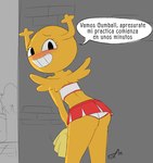 bent_over big_butt black_eyes blush butt cheerleader clothed clothing dialogue female horn imminent_sex inviting leaning leaning_forward looking_at_viewer not_furry outside pom_poms smile solo standing teeth text thick_thighs wall_(structure) wide_hips wings yellow_body foxart950 cartoon_network the_amazing_world_of_gumball penny_fitzgerald humanoid mammal absurd_res hi_res spanish_text translated