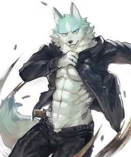 abs anthro black_bottomwear black_clothing black_jacket black_pants black_topwear bottomwear clothed clothing countershading fur green_body green_eyes green_fur gun jacket kemono looking_at_viewer male muscular muscular_anthro muscular_male open_clothing open_jacket open_topwear pants ranged_weapon simple_background solo topwear weapon white_background white_body white_countershading dr.kiyo brand_new_animal studio_trigger shirou_ogami canid canine canis mammal wolf 2020 hi_res