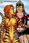 anthro black_knight_(marvel) breasts duo felid female genitals human leandro_comics male mammal marvel nipples nude pantherine penis pussy tail text tiger tigra unknown_artist url