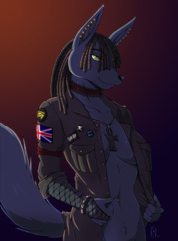 ankh anthro bottomless breasts choker clothed clothing dreadlocks ear_piercing egyptian female fishnet_clothing jacket jewelry navel navel_piercing necklace open_clothing open_shirt open_topwear piercing pubes shirt side_boob solo tail topwear union_jack conditional_dnp kadath nightshade_(kadath) anubian_jackal canid canine canis jackal mammal digital_media_(artwork)