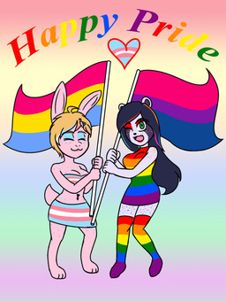 anthro black_hair blonde_hair bodypaint clothing duo female flag fur green_eyes hair lgbt_pride pink_body pride_color_clothing pride_colors white_body white_fur anonymous_artist milky_rivas bear giant_panda lagomorph leporid mammal rabbit hi_res trans_(lore) trans_woman_(lore)