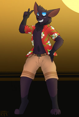 aloha_shirt anthro barefoot bat_ears biped bottomwear bulge clothed clothing detailed_bulge eyes_closed eyewear feet fur glasses male male_anthro neck_tuft open_clothing open_shirt open_topwear pants pattern_clothing pattern_shirt pattern_topwear purple_body purple_fur shirt shorts simple_background smile solo teeth topwear tuft katauni katauni_(ghost_forger) bat mammal wingless_bat 2025 digital_media_(artwork) hi_res