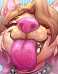 anthro brown_hair collar eyebrows eyelashes eyes_closed female hair licking licking_screen long_hair pink_nose sharp_teeth smile solo spiked_collar spikes teeth tongue tongue_out kenocoa canid canine canis domestic_dog mammal 2022 artist_name